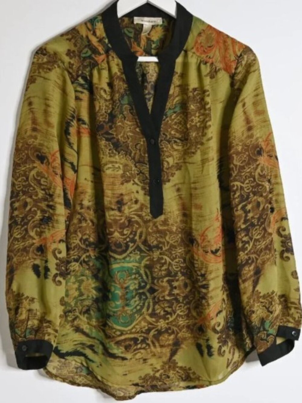 DRESSBARN Olive Green Black Patterned V Neck Long Sleeve Blouse - Size L